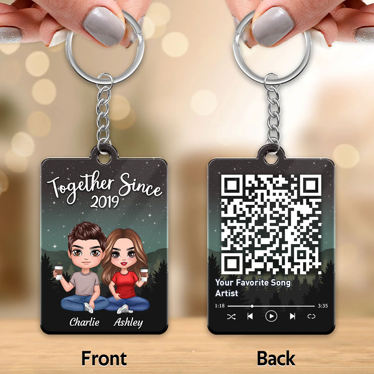 Galaxy Night Doll Couple Sitting Favorite Song Scannable QR Code Personalized Acrylic Keychain - Image 3