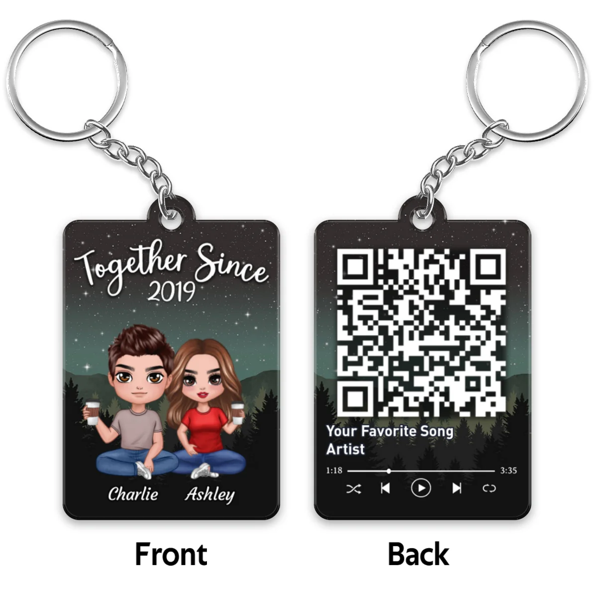 Galaxy Night Doll Couple Sitting Favorite Song Scannable QR Code Personalized Acrylic Keychain - Image 4