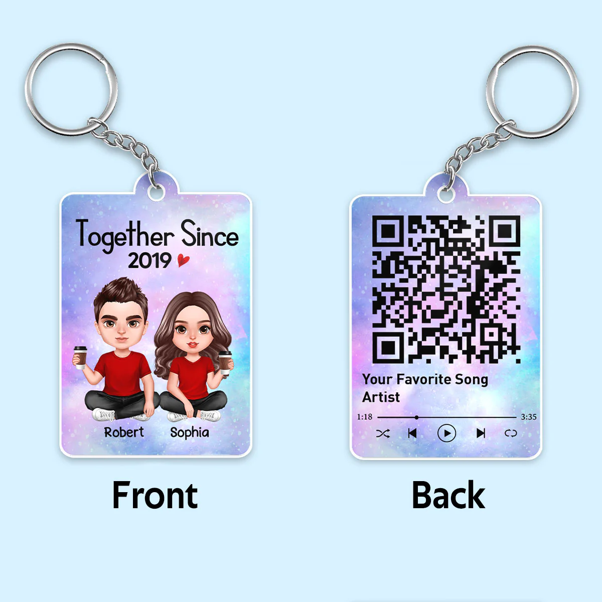 Galaxy Realistic Doll Couple Sitting Favorite Song QR Code Personalized Acrylic Keychain