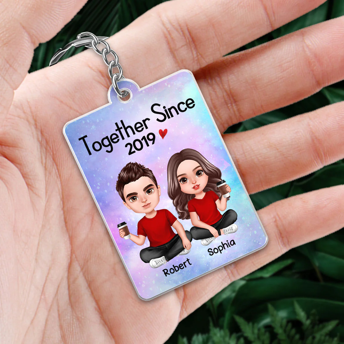Galaxy Realistic Doll Couple Sitting Favorite Song QR Code Personalized Acrylic Keychain - Image 2