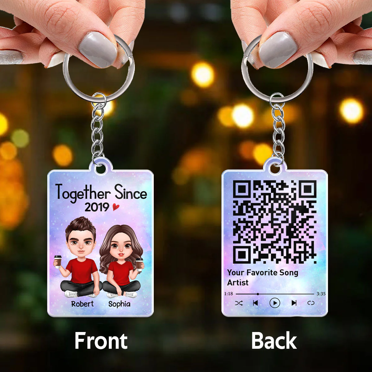 Galaxy Realistic Doll Couple Sitting Favorite Song QR Code Personalized Acrylic Keychain - Image 3
