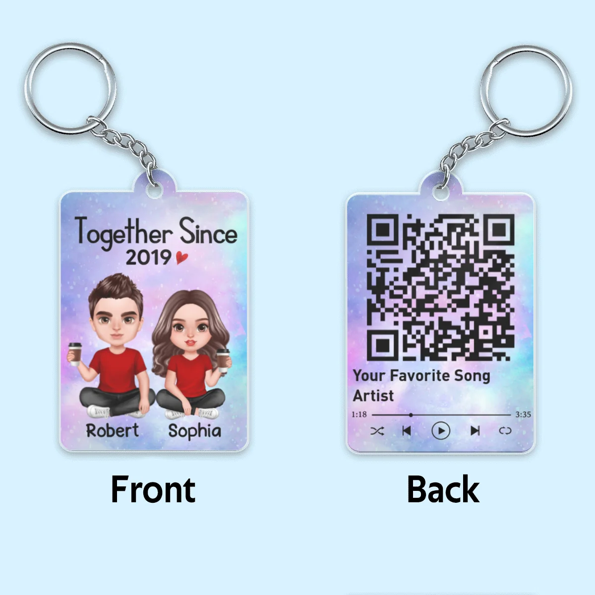 Galaxy Realistic Doll Couple Sitting Favorite Song QR Code Personalized Acrylic Keychain - Image 4