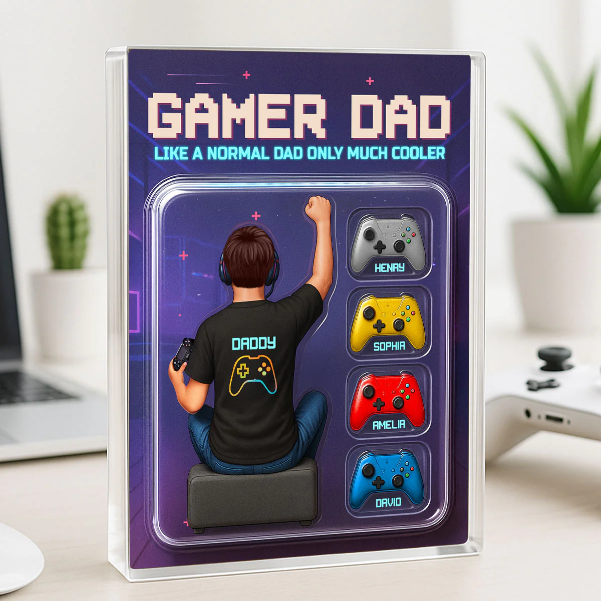 Gamer Dad Back View Toy Box Figures Style, Personalized Acrylic Block Plaque, Gift for Dad, Gift for Husband