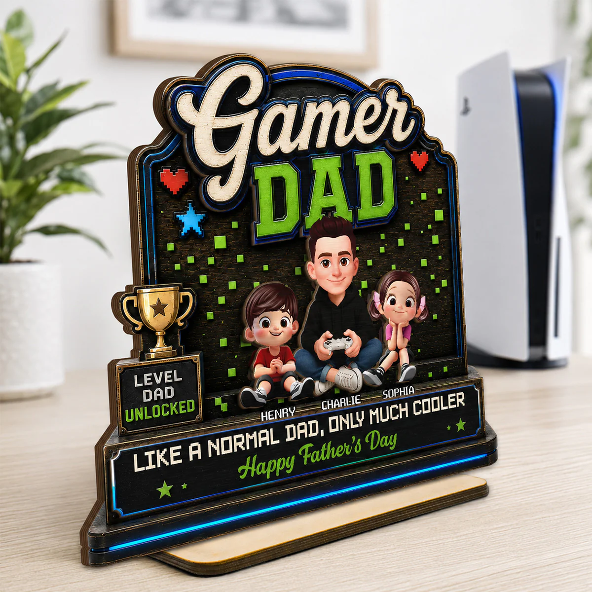 Gamer Dad & Kids - Personalized 2-Layered Wooden Plaque -  Gift For Gamer Dad - Image 2