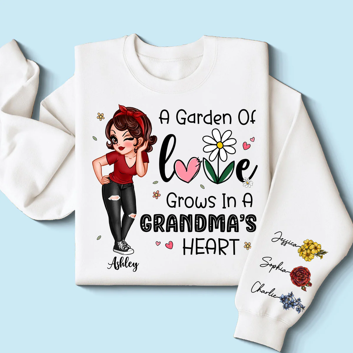 Garden of Love Grows In Grandma‘s Heart Beautiful Vintage Birth Flower Personalized Sleeve Printed Sweatshirt