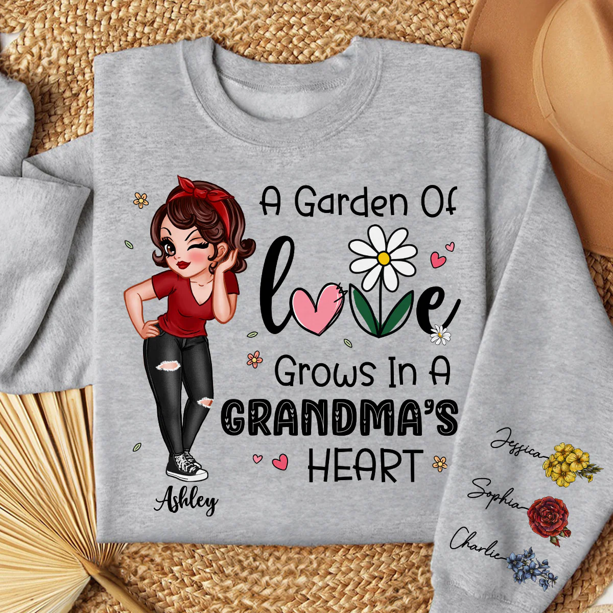 Garden of Love Grows In Grandma‘s Heart Beautiful Vintage Birth Flower Personalized Sleeve Printed Sweatshirt - Image 2
