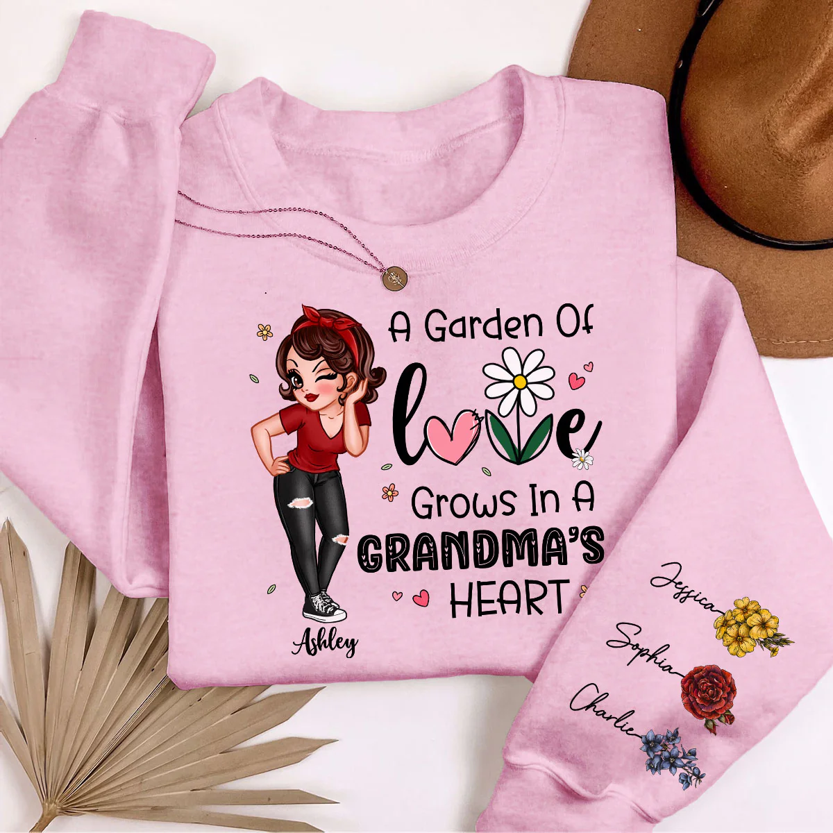 Garden of Love Grows In Grandma‘s Heart Beautiful Vintage Birth Flower Personalized Sleeve Printed Sweatshirt - Image 3