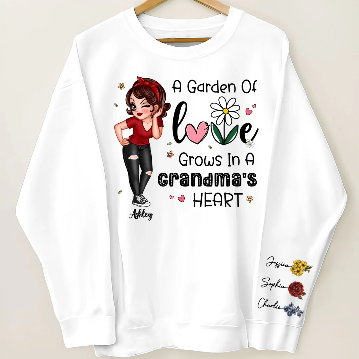 Garden of Love Grows In Grandma‘s Heart Beautiful Vintage Birth Flower Personalized Sleeve Printed Sweatshirt - Image 4