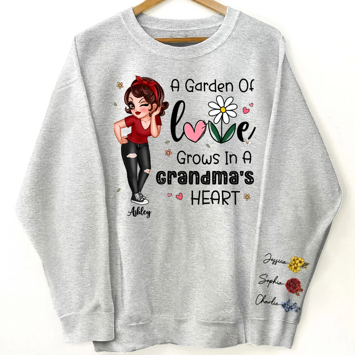 Garden of Love Grows In Grandma‘s Heart Beautiful Vintage Birth Flower Personalized Sleeve Printed Sweatshirt - Image 5