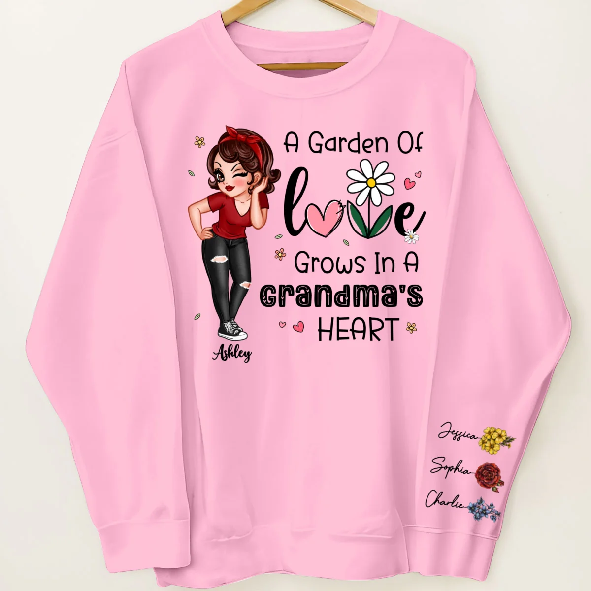 Garden of Love Grows In Grandma‘s Heart Beautiful Vintage Birth Flower Personalized Sleeve Printed Sweatshirt - Image 6