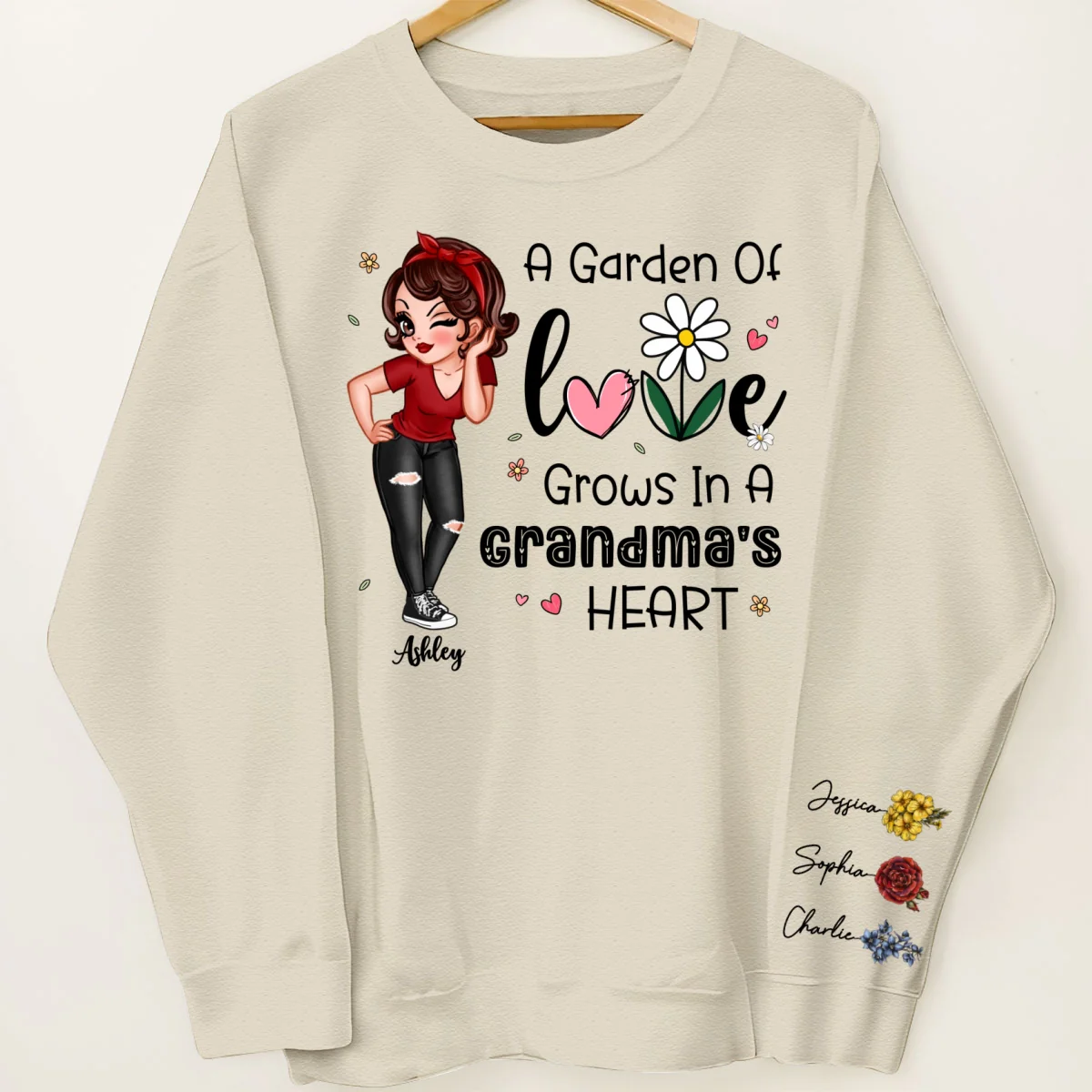 Garden of Love Grows In Grandma‘s Heart Beautiful Vintage Birth Flower Personalized Sleeve Printed Sweatshirt - Image 7