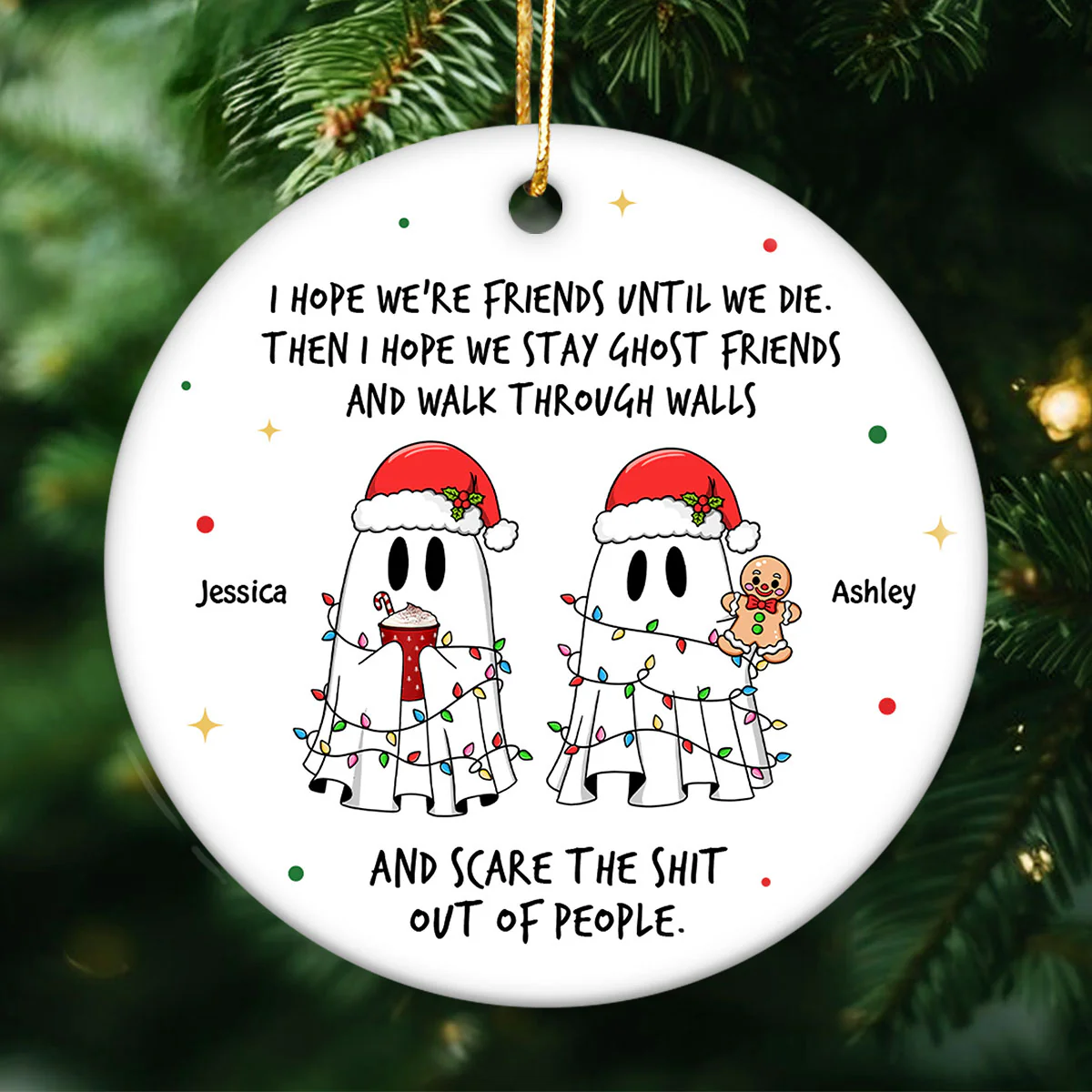 Ghost Friends Funny Christmas Gift Personalized Circle Ceramic Ornament, Christmas Gift for Best Friends, Besties, Coworkers