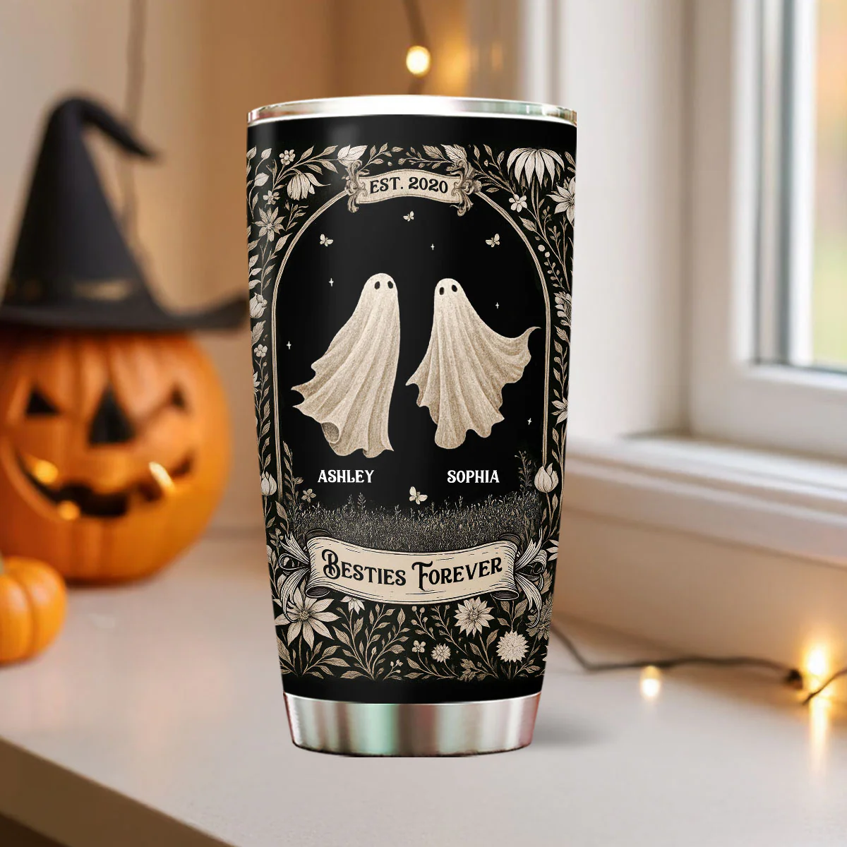 Ghost Friends Vintage Gothic Background Personalized Tumbler, Halloween gift for Besties, Sisters - Image 2