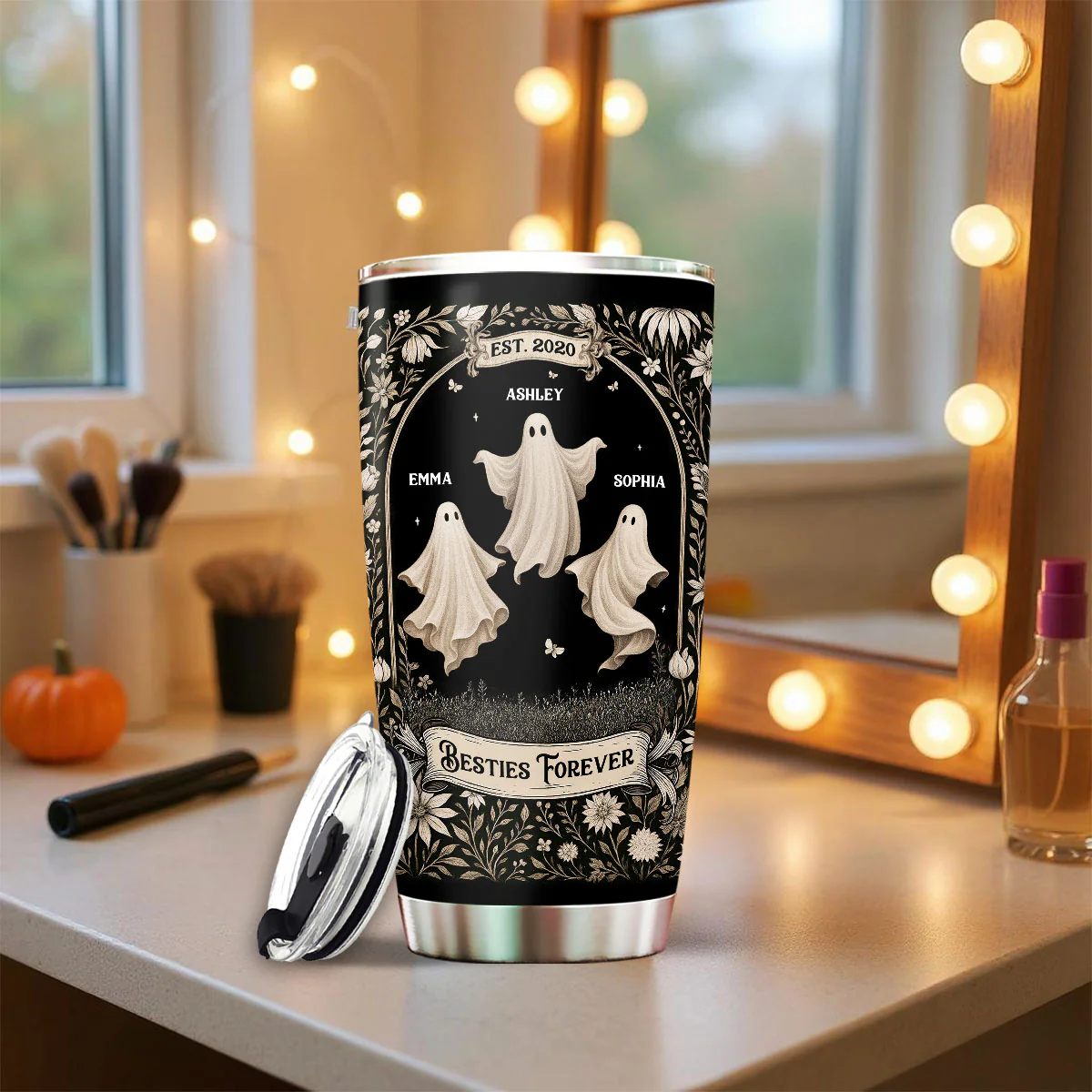 Ghost Friends Vintage Gothic Background Personalized Tumbler, Halloween gift for Besties, Sisters - Image 3