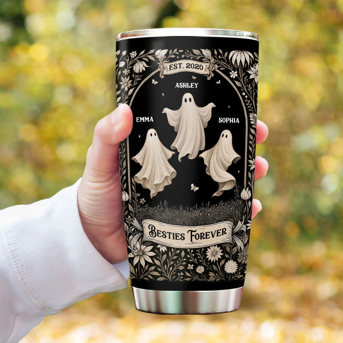 Ghost Friends Vintage Gothic Background Personalized Tumbler, Halloween gift for Besties, Sisters - Image 4