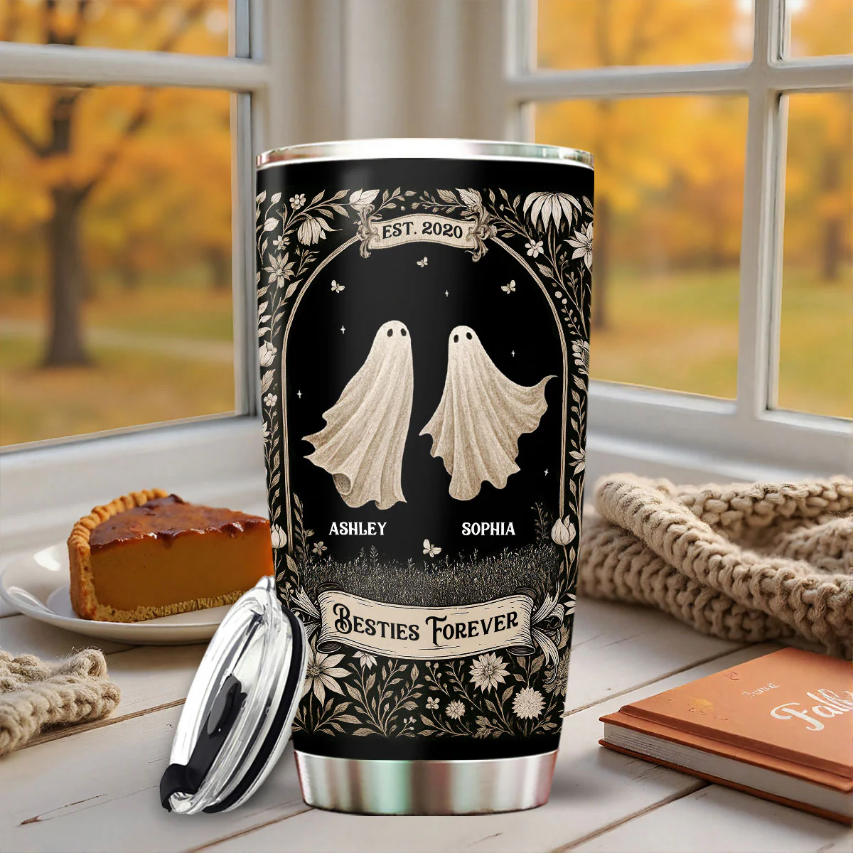 Ghost Friends Vintage Gothic Background Personalized Tumbler, Halloween gift for Besties, Sisters - Image 5