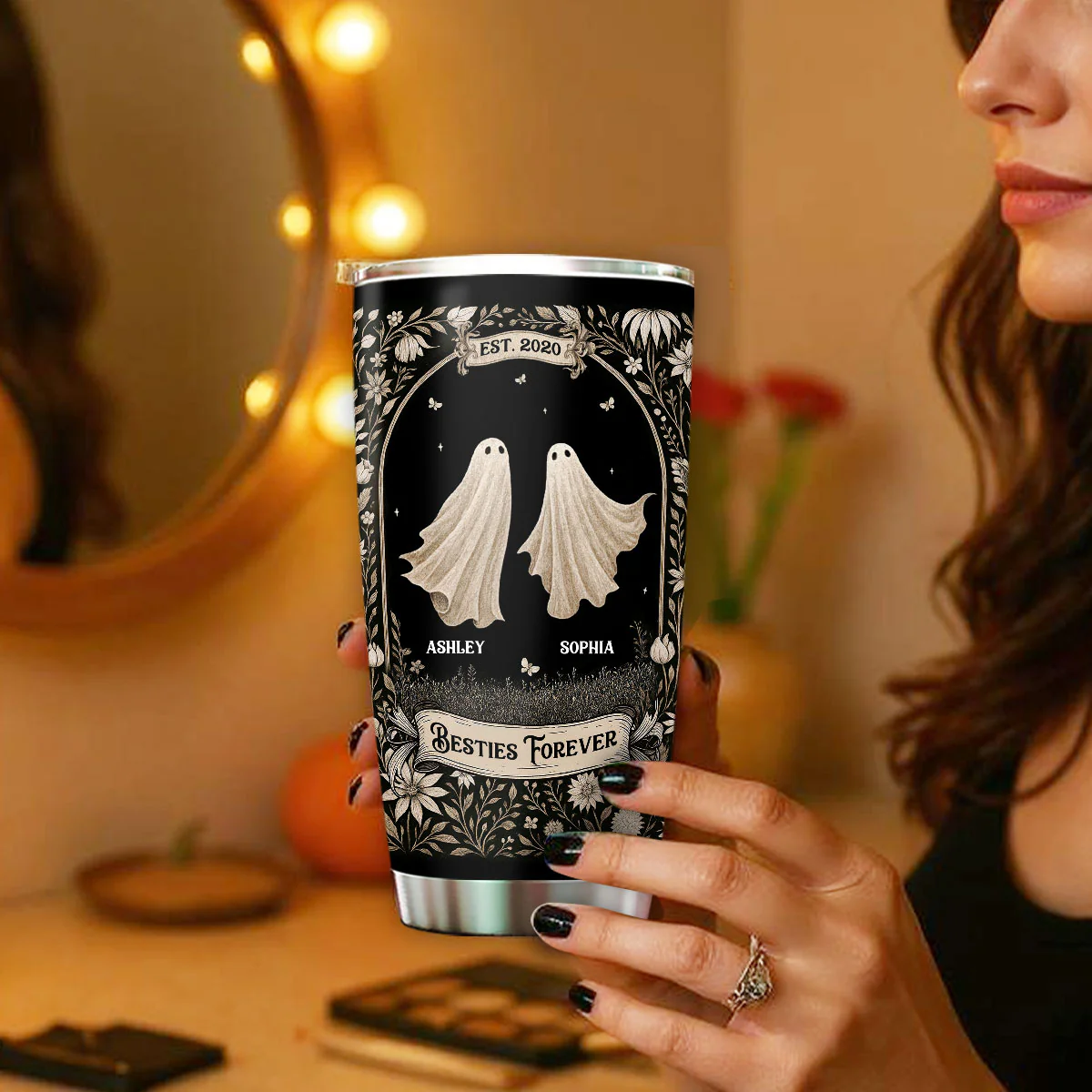Ghost Friends Vintage Gothic Background Personalized Tumbler, Halloween gift for Besties, Sisters - Image 6
