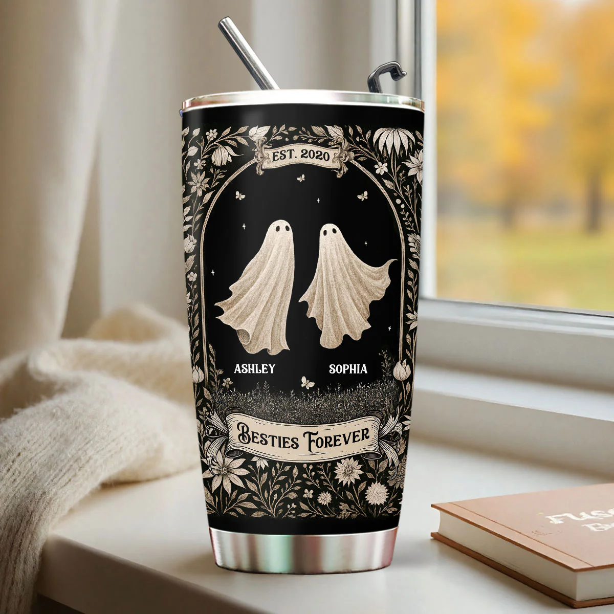 Ghost Friends Vintage Gothic Background Personalized Tumbler, Halloween gift for Besties, Sisters - Image 7