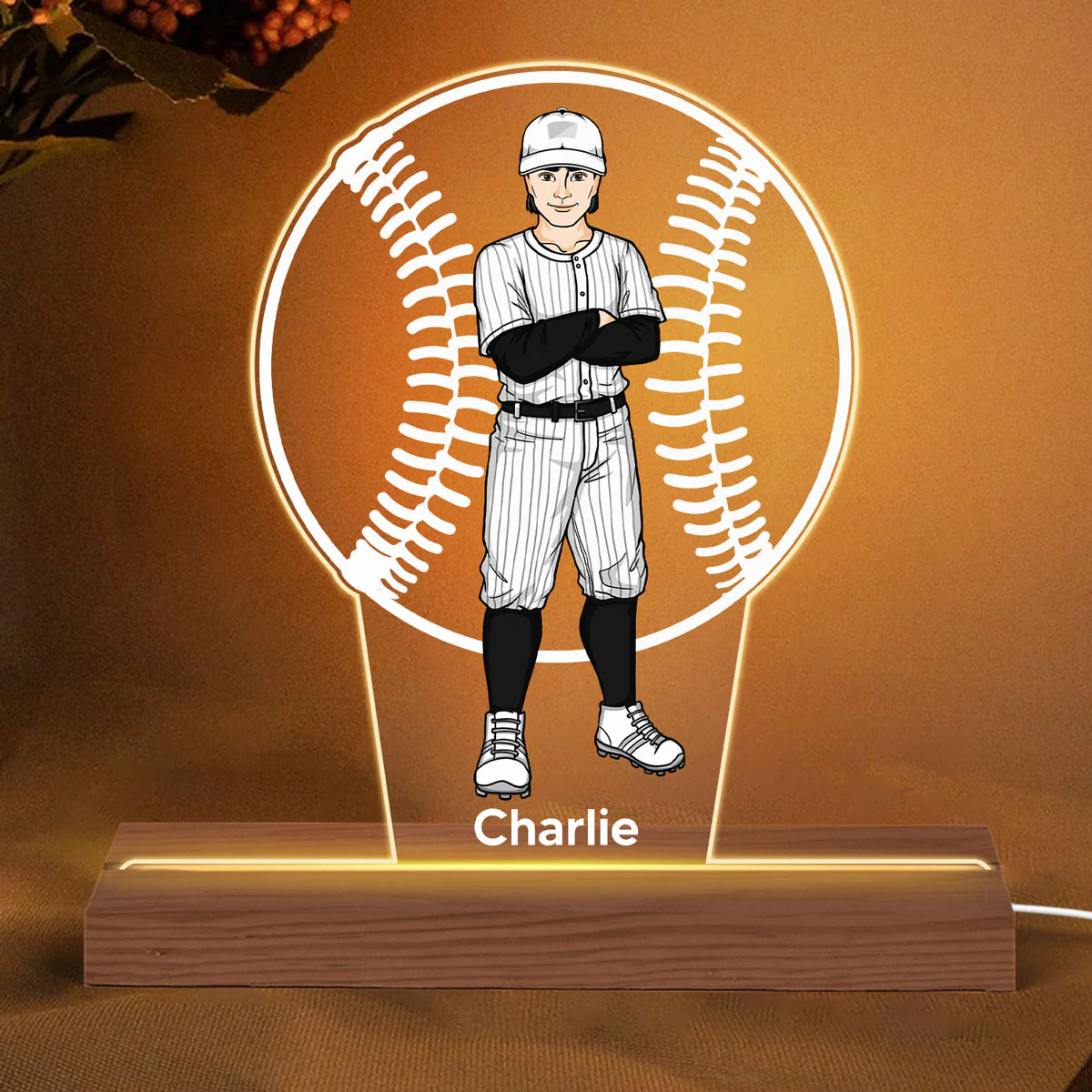 Gift For Baseball Player Personalized Custom Shape Acrylic Plaque With LED Night Light - Image 2