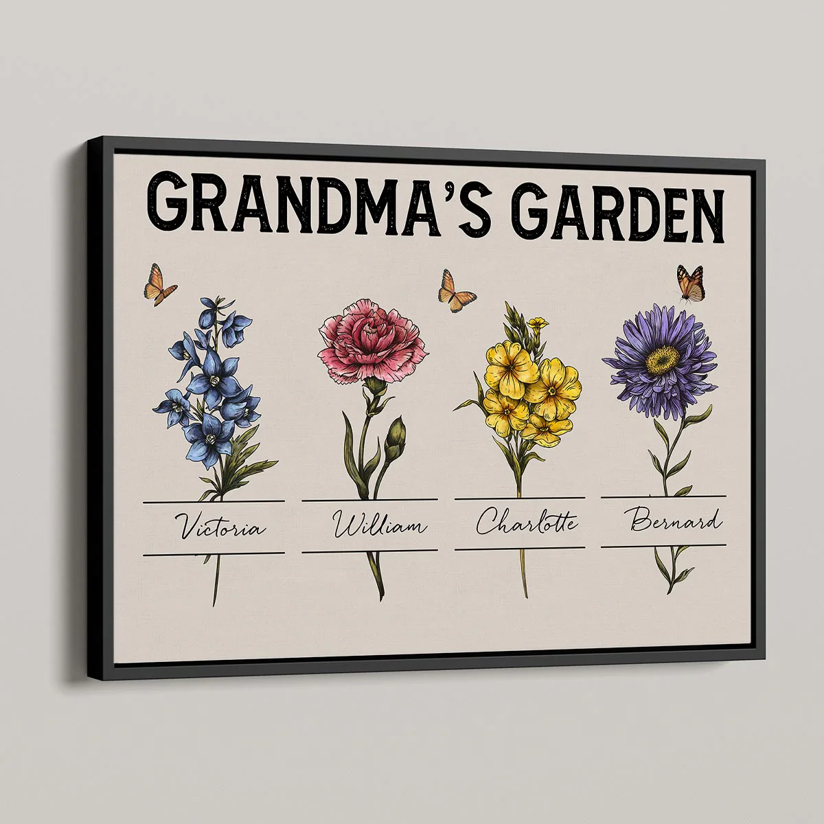 Gift For Grandma Grandma‘s Garden Beautiful Vintage Birth Month Flower With Names Personalized Horizontal Poster