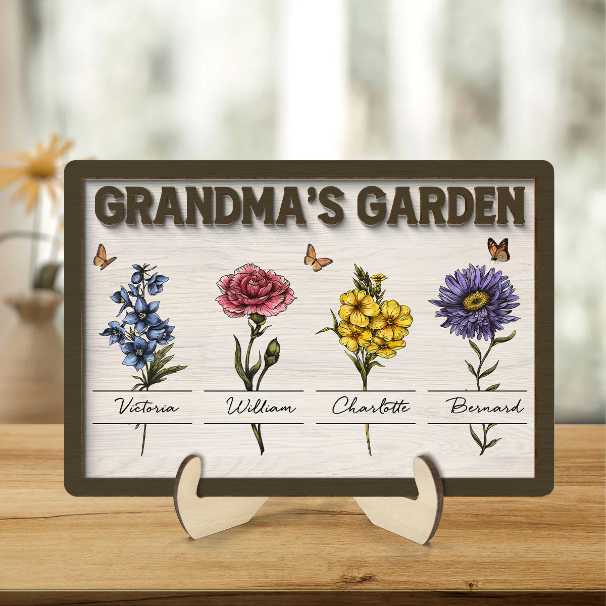 Gift For Grandma Grandma‘s Garden Beautiful Vintage Birth Month Flower With Names Personalized 2-Layer Wooden Plaque - Image 2