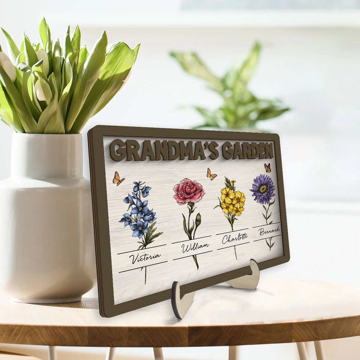 Gift For Grandma Grandma‘s Garden Beautiful Vintage Birth Month Flower With Names Personalized 2-Layer Wooden Plaque - Image 3