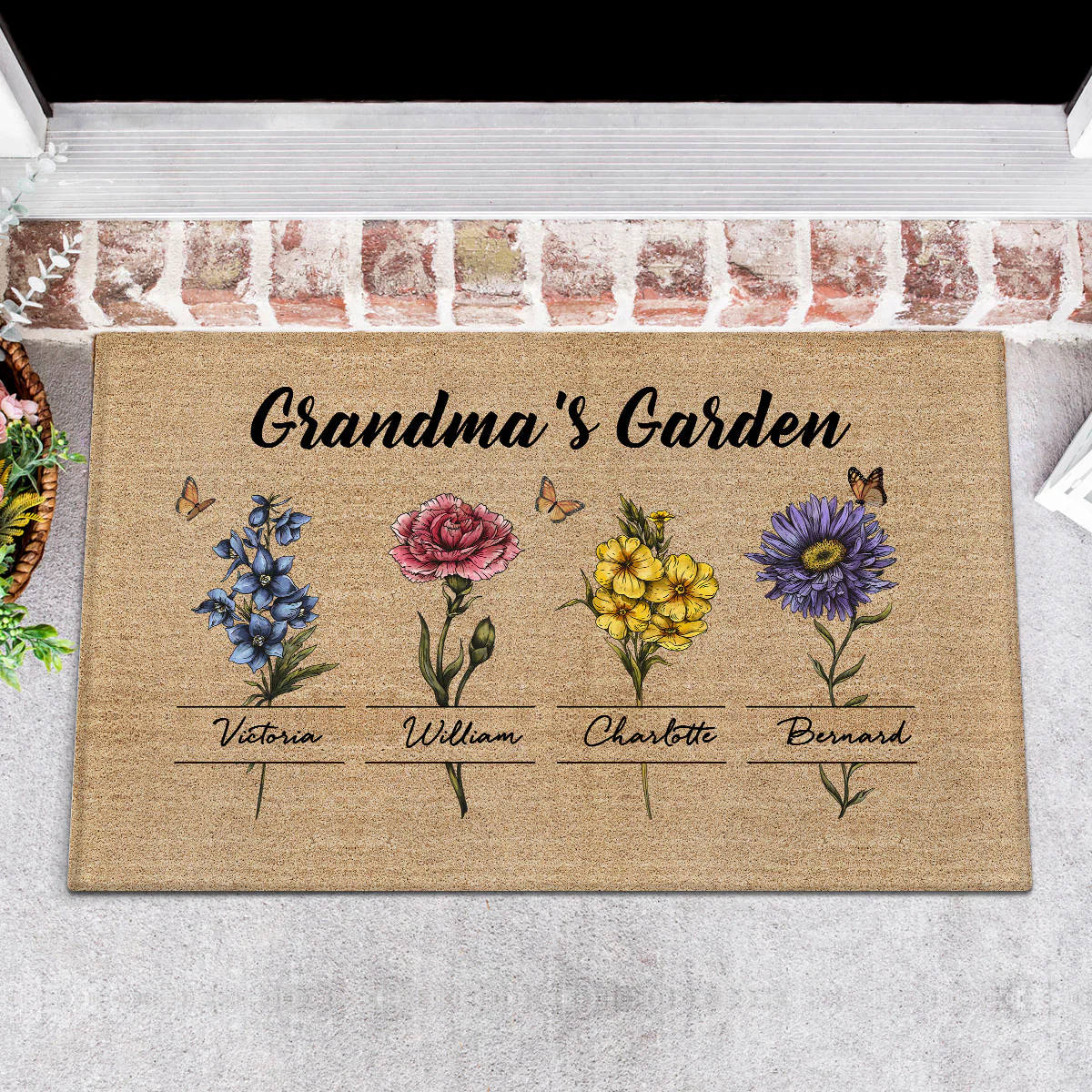 Gift For Grandma Grandma‘s Garden Beautiful Vintage Birth Month Flower With Names Personalized Doormat
