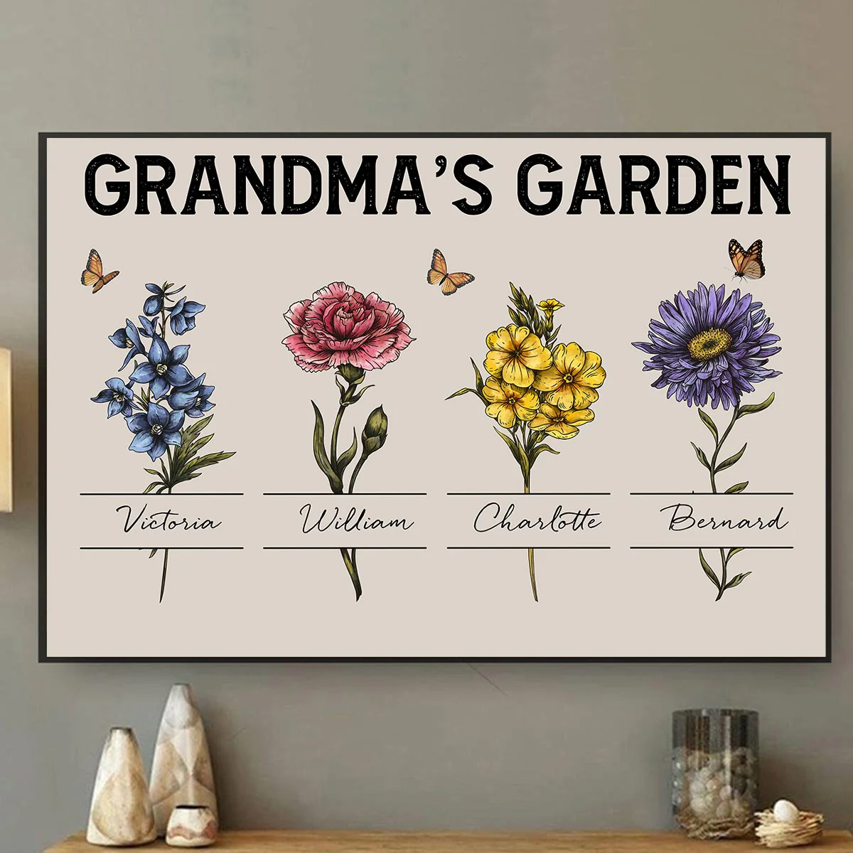 Gift For Grandma Grandma‘s Garden Beautiful Vintage Birth Month Flower With Names Personalized Horizontal Poster - Image 4