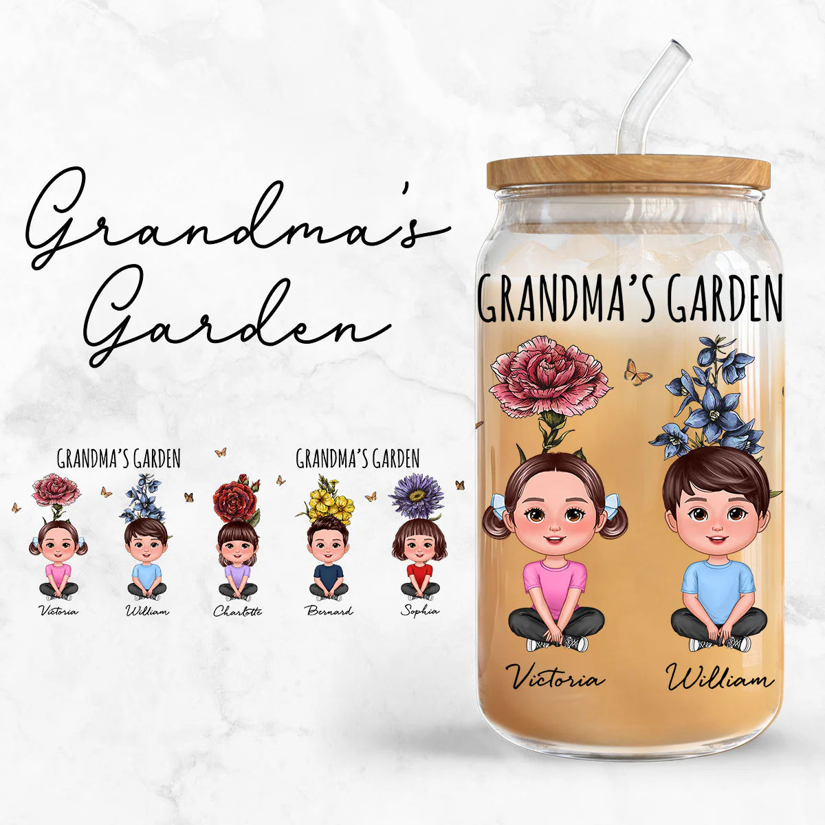 Gift For Grandma Grandma‘s Garden Cute Kids With Beautiful Vintage Birth Flower Behind Personalized Clear Glass Can