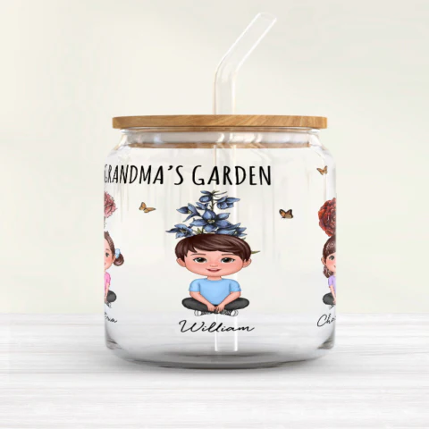 Gift For Grandma Grandma‘s Garden Cute Kids With Beautiful Vintage Birth Flower Behind Personalized Clear Glass Can - Image 2
