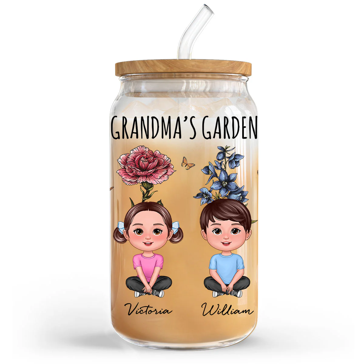 Gift For Grandma Grandma‘s Garden Cute Kids With Beautiful Vintage Birth Flower Behind Personalized Clear Glass Can - Image 3