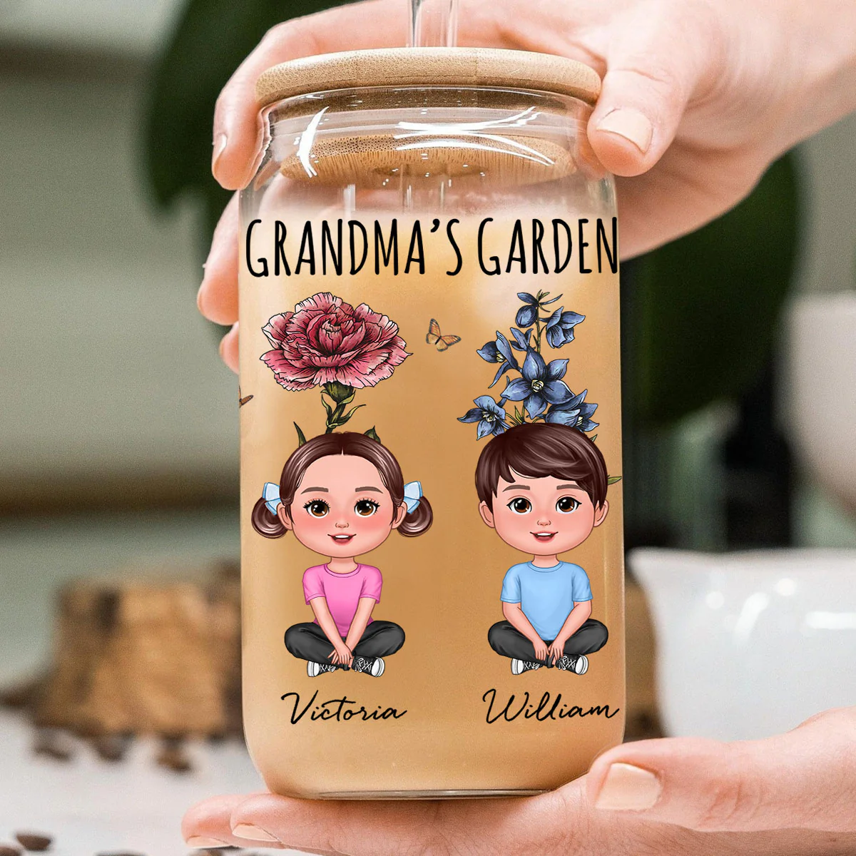 Gift For Grandma Grandma‘s Garden Cute Kids With Beautiful Vintage Birth Flower Behind Personalized Clear Glass Can - Image 4