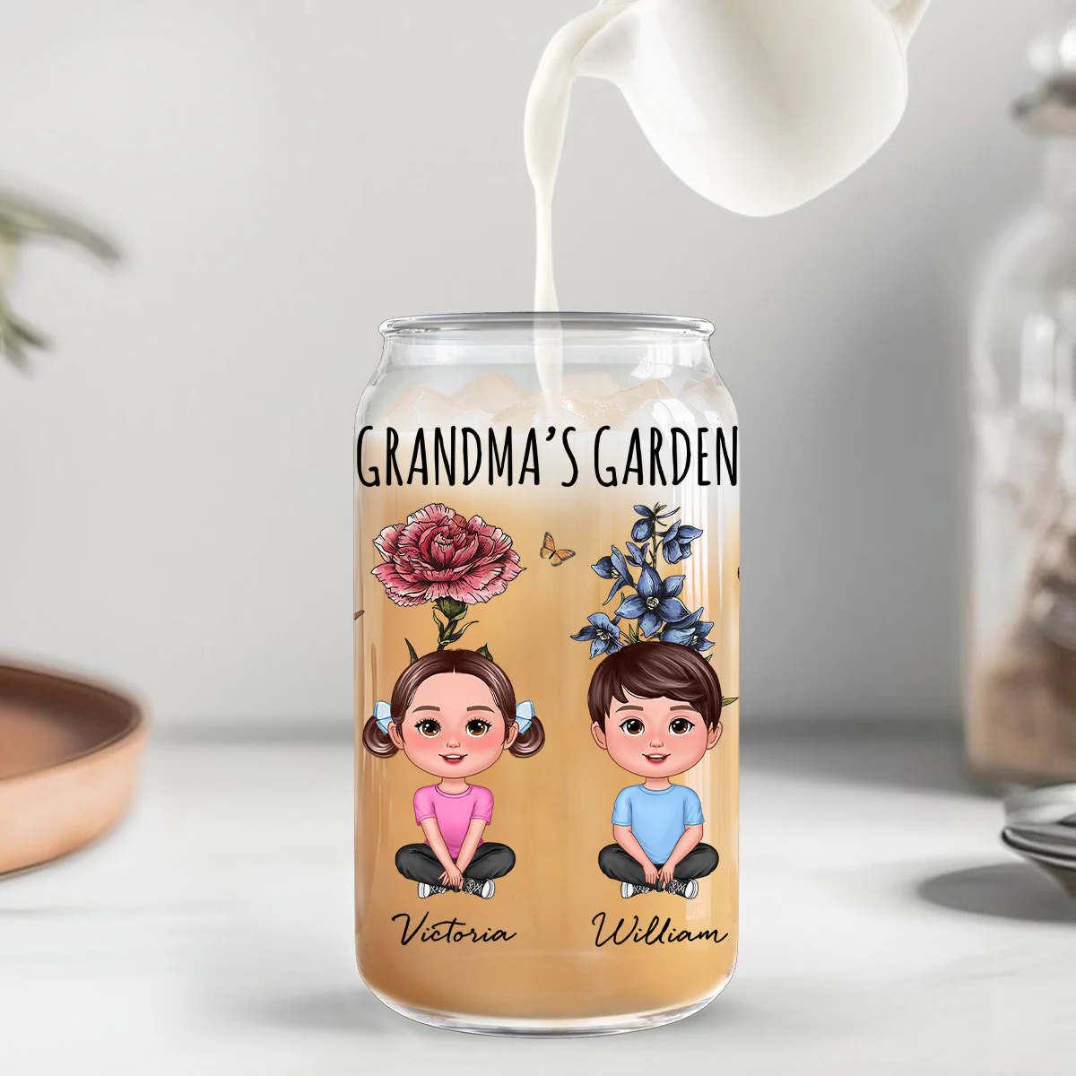 Gift For Grandma Grandma‘s Garden Cute Kids With Beautiful Vintage Birth Flower Behind Personalized Clear Glass Can - Image 5