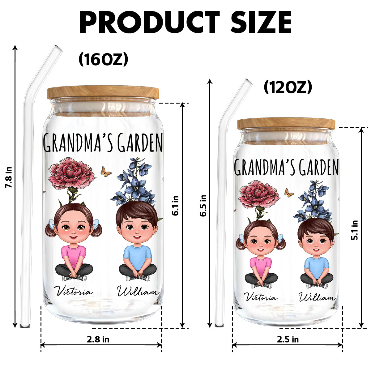 Gift For Grandma Grandma‘s Garden Cute Kids With Beautiful Vintage Birth Flower Behind Personalized Clear Glass Can - Image 6