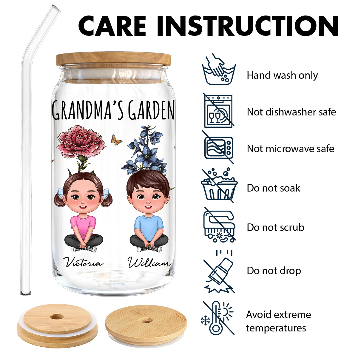 Gift For Grandma Grandma‘s Garden Cute Kids With Beautiful Vintage Birth Flower Behind Personalized Clear Glass Can - Image 7