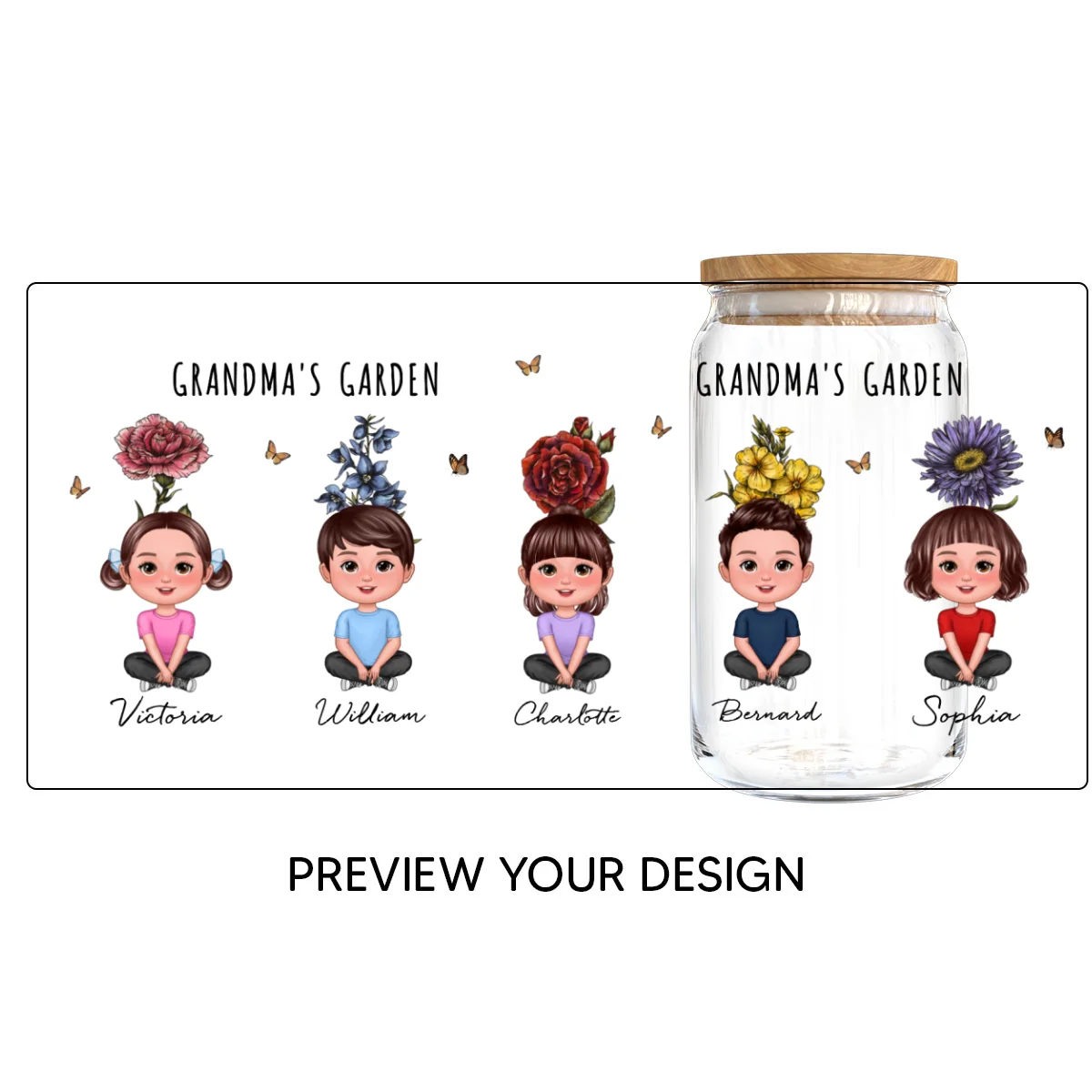 Gift For Grandma Grandma‘s Garden Cute Kids With Beautiful Vintage Birth Flower Behind Personalized Clear Glass Can - Image 8