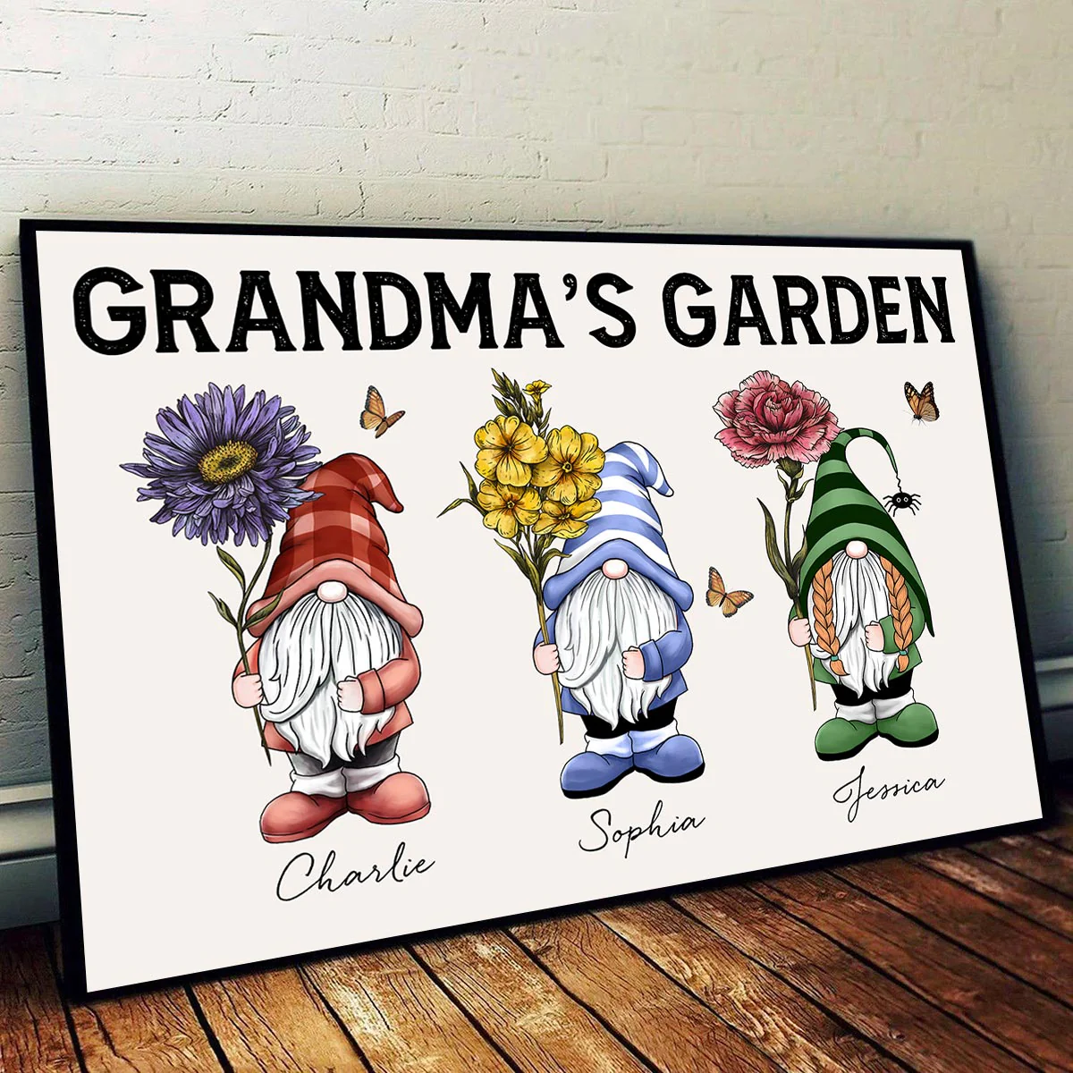 Gift For Grandma Grandma‘s Garden Gnomes With Beautiful Vintage Birth Flowers Personalized Poster - Image 2