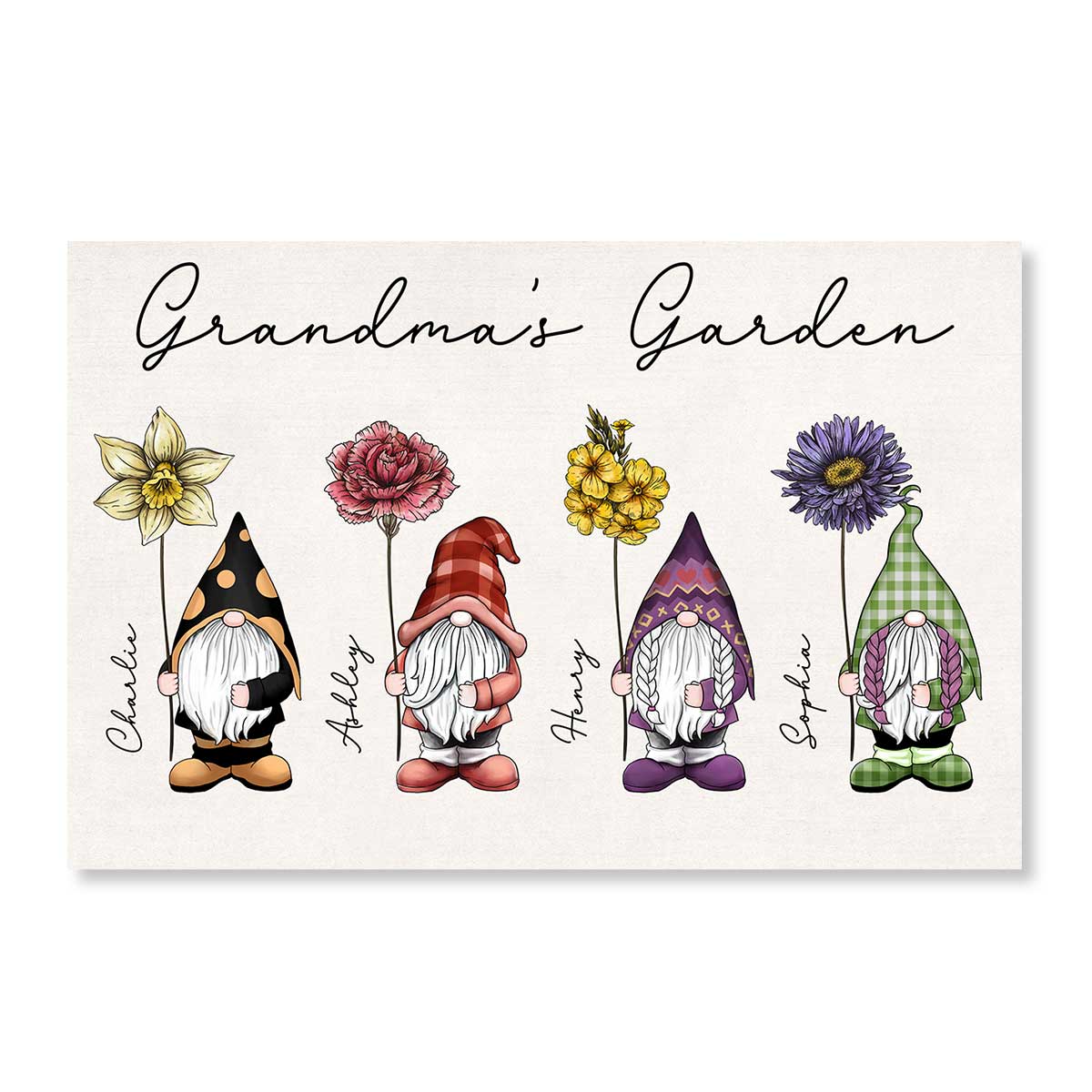 Gift For Grandma Mom Grandma‘s Garden Beautiful Vintage Birth Flowers Cute Gnomes Personalized Horizontal Poster
