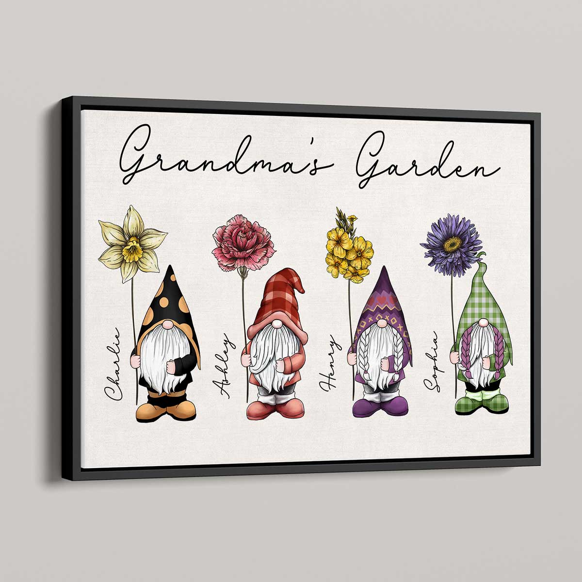 Gift For Grandma Mom Grandma‘s Garden Beautiful Vintage Birth Flowers Cute Gnomes Personalized Horizontal Poster - Image 4