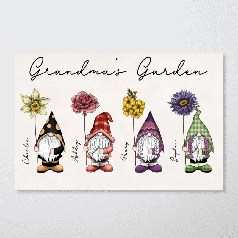 Gift For Grandma Mom Grandma‘s Garden Beautiful Vintage Birth Flowers Cute Gnomes Personalized Horizontal Poster - Image 7