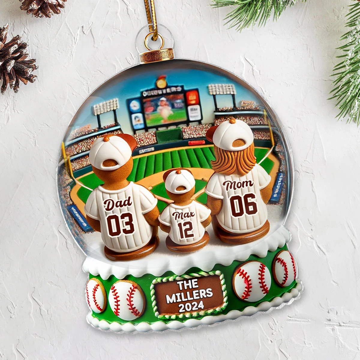 Gingerbread Baseball Family Watching Game Sport Lover 3D Effect Personalized Acrylic Ornament - Image 5