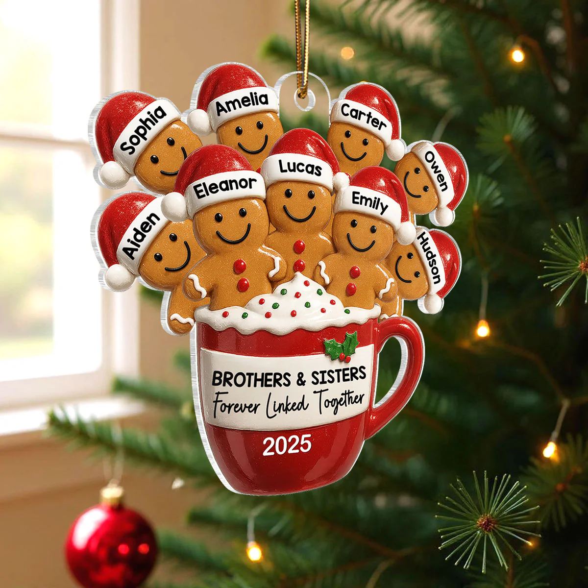 Gingerbread Brothers Sisters Siblings In Hot Cocoa Christmas Personalized Acrylic Ornament - Image 2