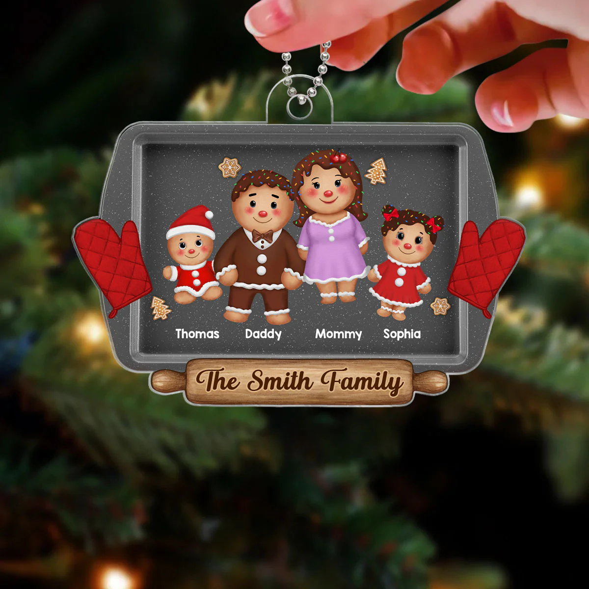 Gingerbread Cookie Family On Baking Tray Christmas Gift Personalized Acrylic Ornament - Image 3