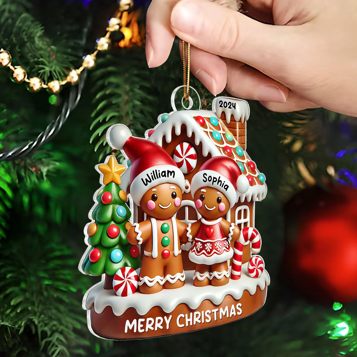 Gingerbread Couple Gingerbread House Polished 3D Effect Personalized Acrylic Ornament - Image 4
