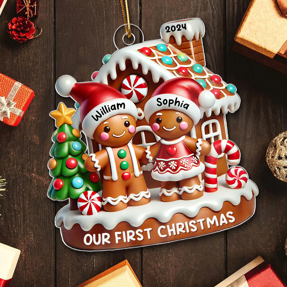 Gingerbread Couple Gingerbread House Polished 3D Effect Personalized Acrylic Ornament - Image 5
