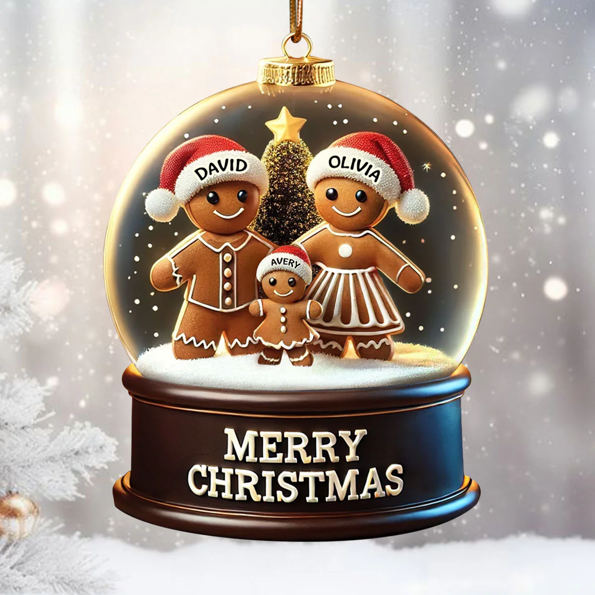 Gingerbread Family In Snow Globe 3D Effect Personalized Acrylic Ornament - Image 4