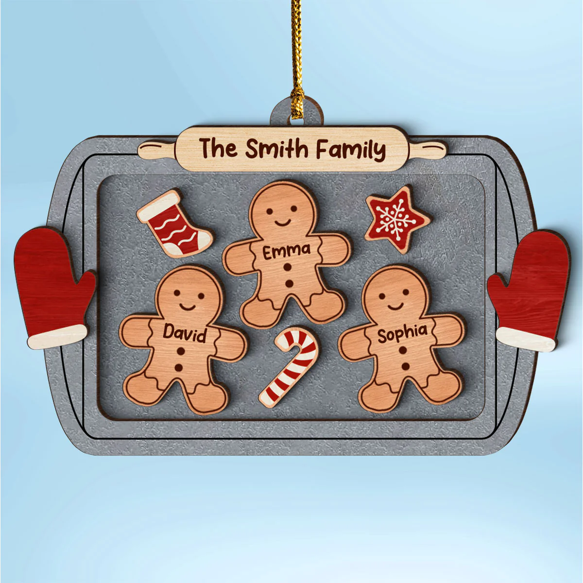 Gingerbread Family On Baking Tray Christmas Personalized 3-Layer Wooden Ornament - Image 2