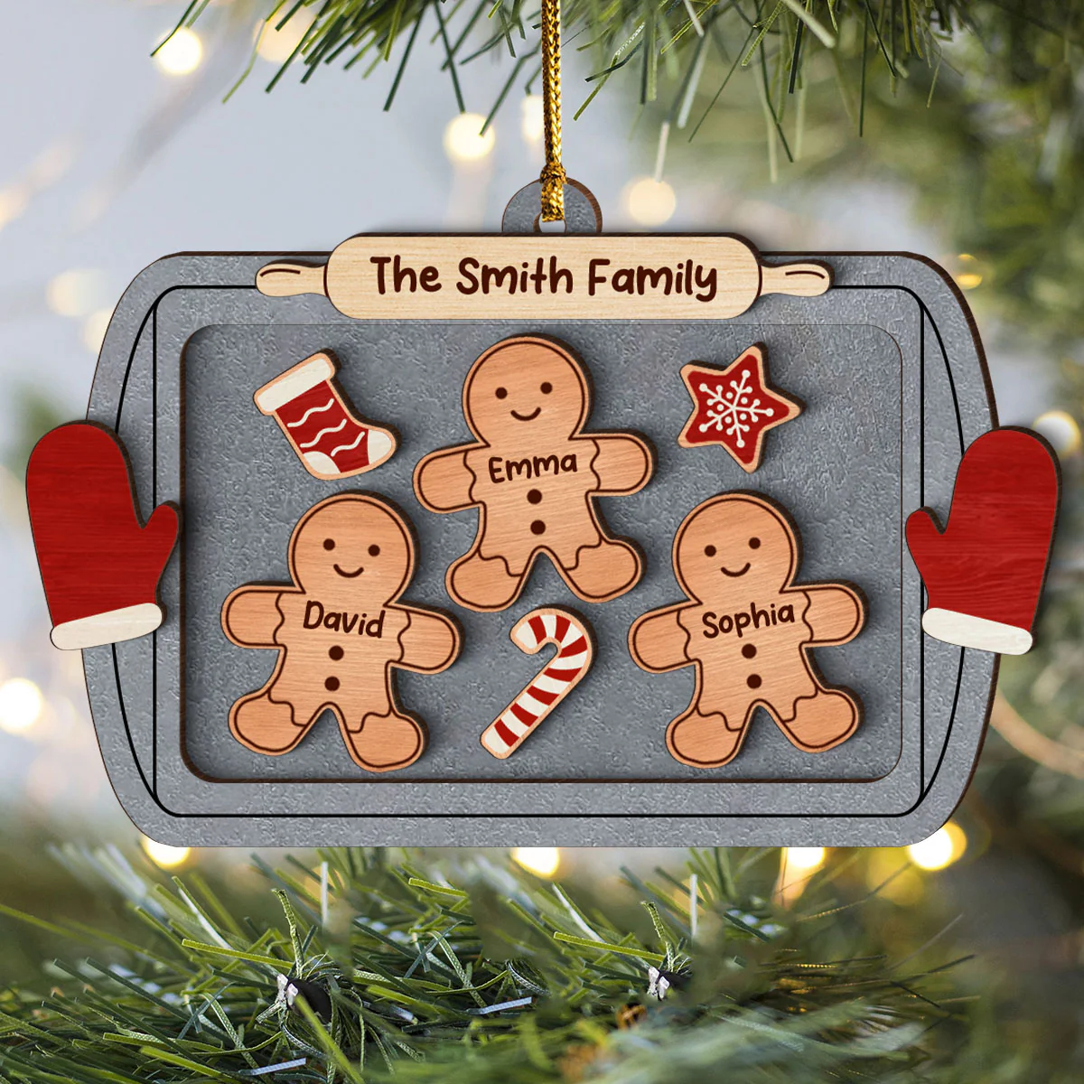 Gingerbread Family On Baking Tray Christmas Personalized 3-Layer Wooden Ornament - Image 3