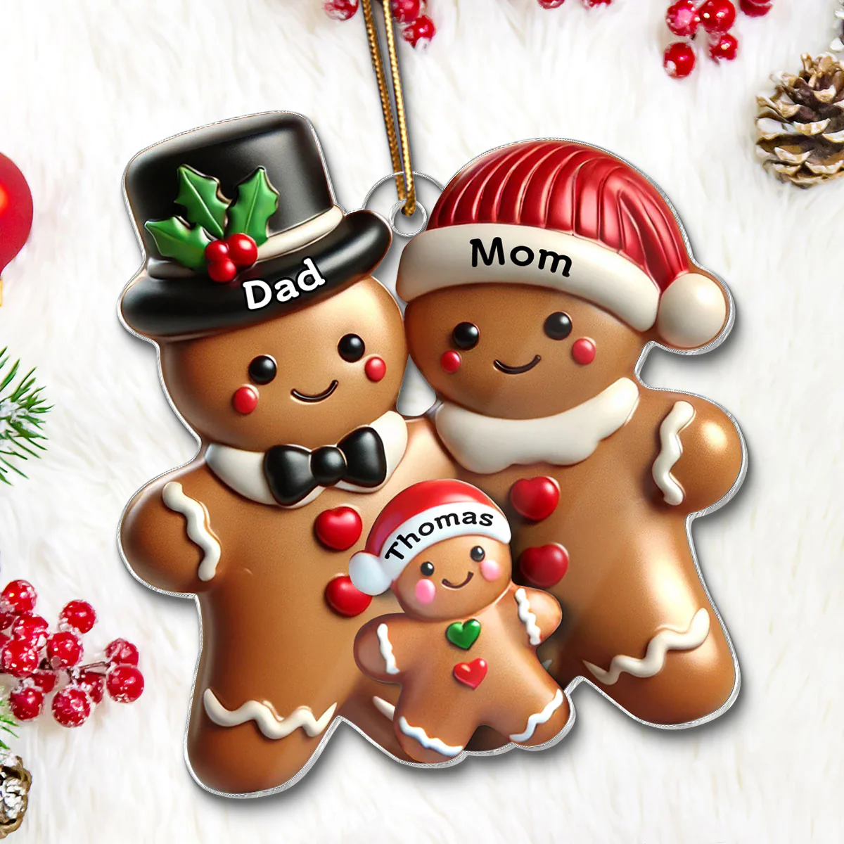 Gingerbread Family Polished Finish 3D Effect Personalized Acrylic Ornament - Image 6