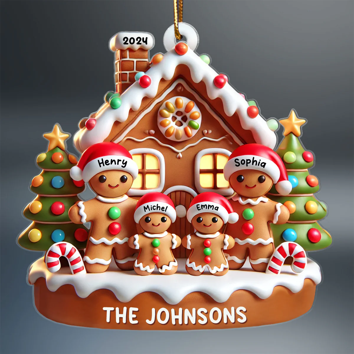 Gingerbread Family With Gingerbread House 3D Effect Personalized Acrylic Ornament - Image 2